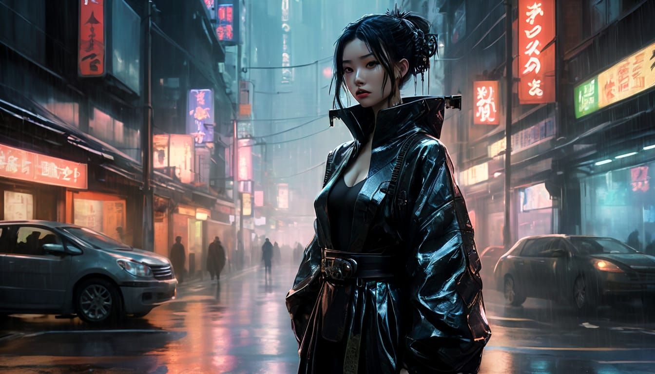 Geisha in Holographic Kimono on Neon Tokyo Street