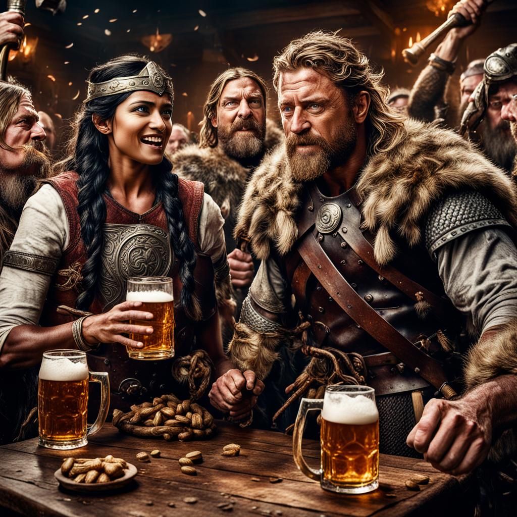 Anjana Vasan and Gerard Butler with Vikings: Hyperrealistic