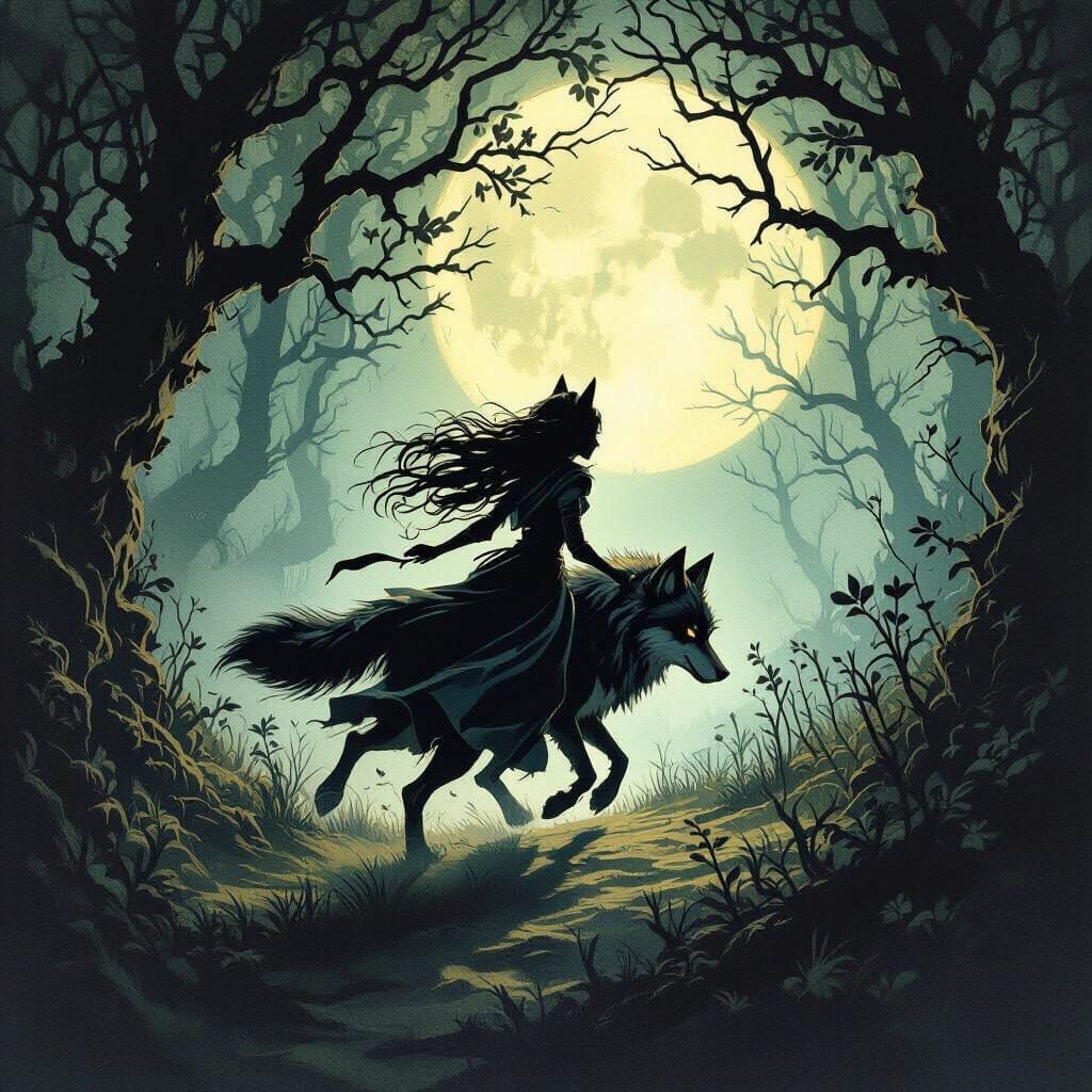 Wolf Princess Flees Through Dark Forest in Fantasy Illustrat...