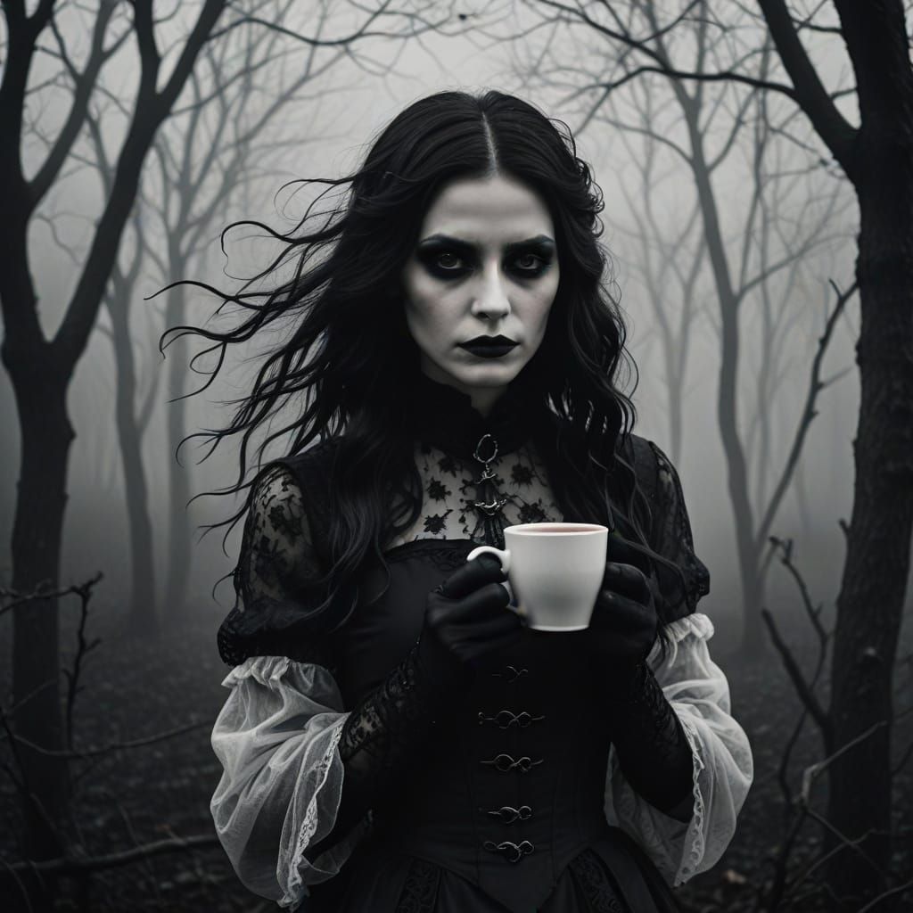 Goth Fashion Model with Coffee in Moody Fog