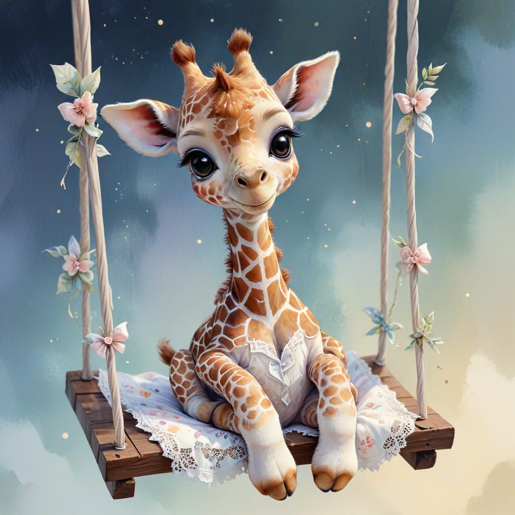 Kawaii Baby Giraffe on Swing in Watercolor Style