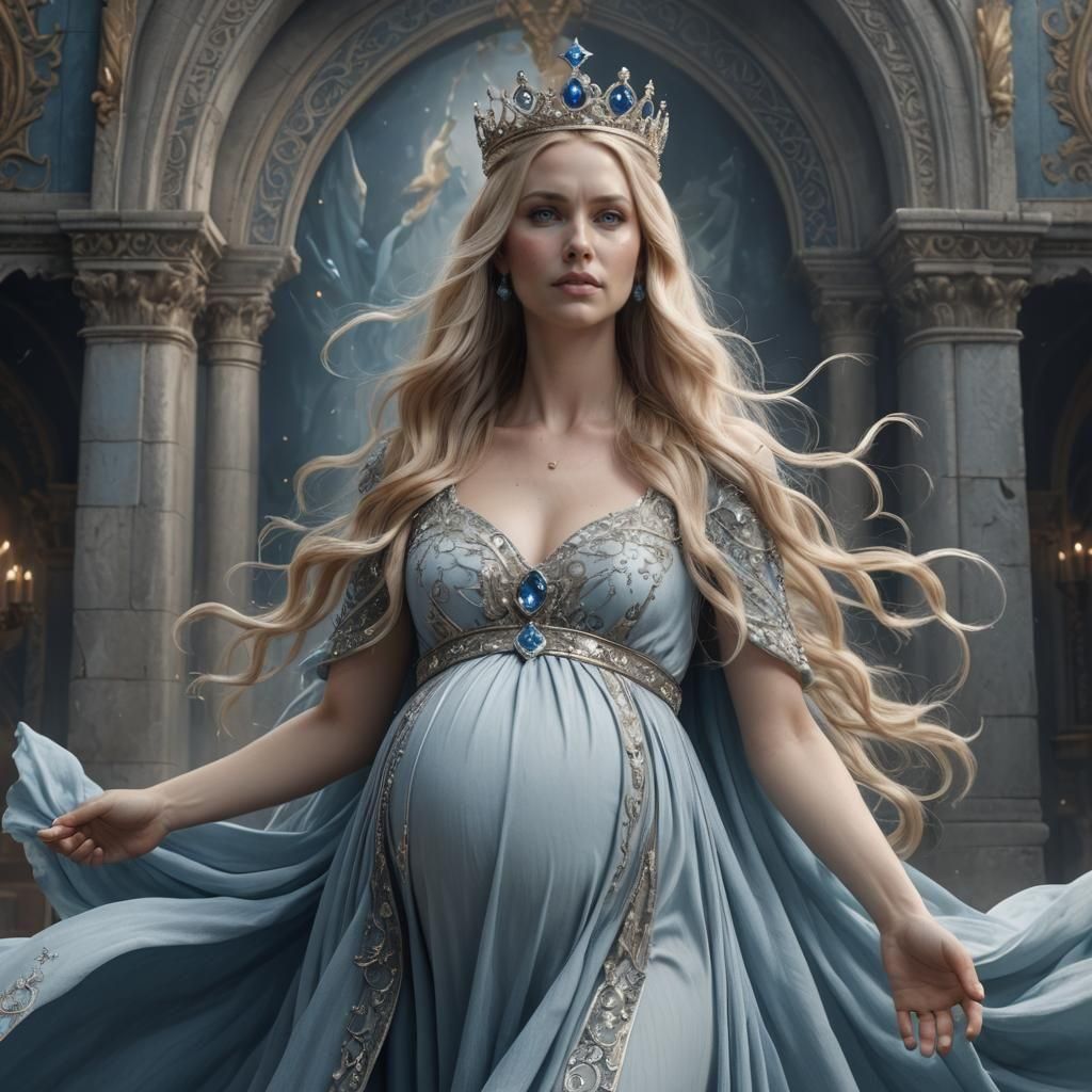 Pale Queen Holding Pregnant Belly in Fantasy Art