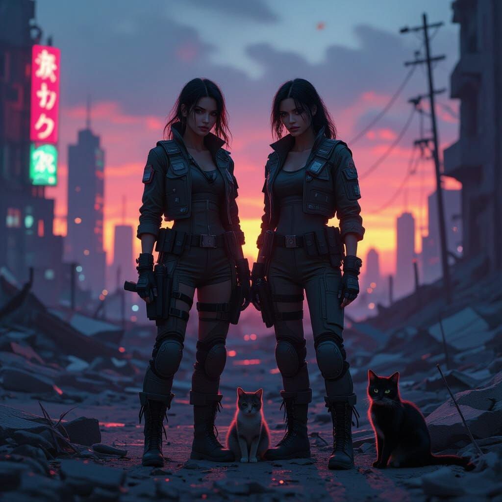 Post-Apocalyptic Survivors in a Ruined Cityscape