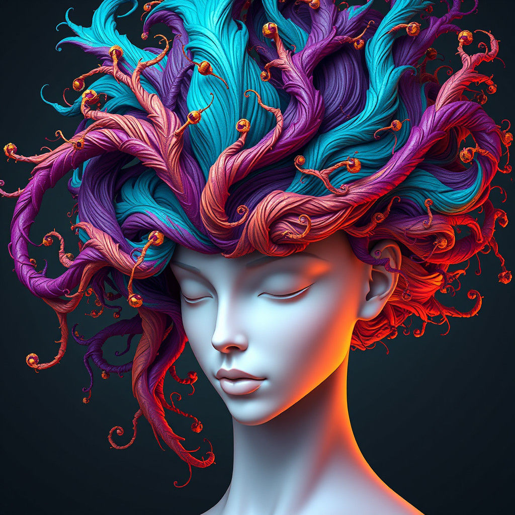 Fractal Hair Female Bust in Digital Art Style