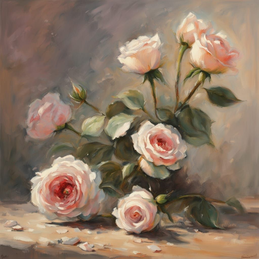 Oil Painting of Tiny Rose Bouquet on Wooden Table