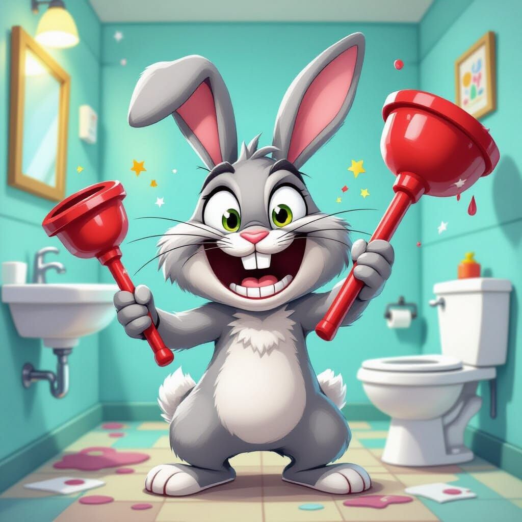 Cartoon Rabbit Wielding Plunger in Messy Bathroom