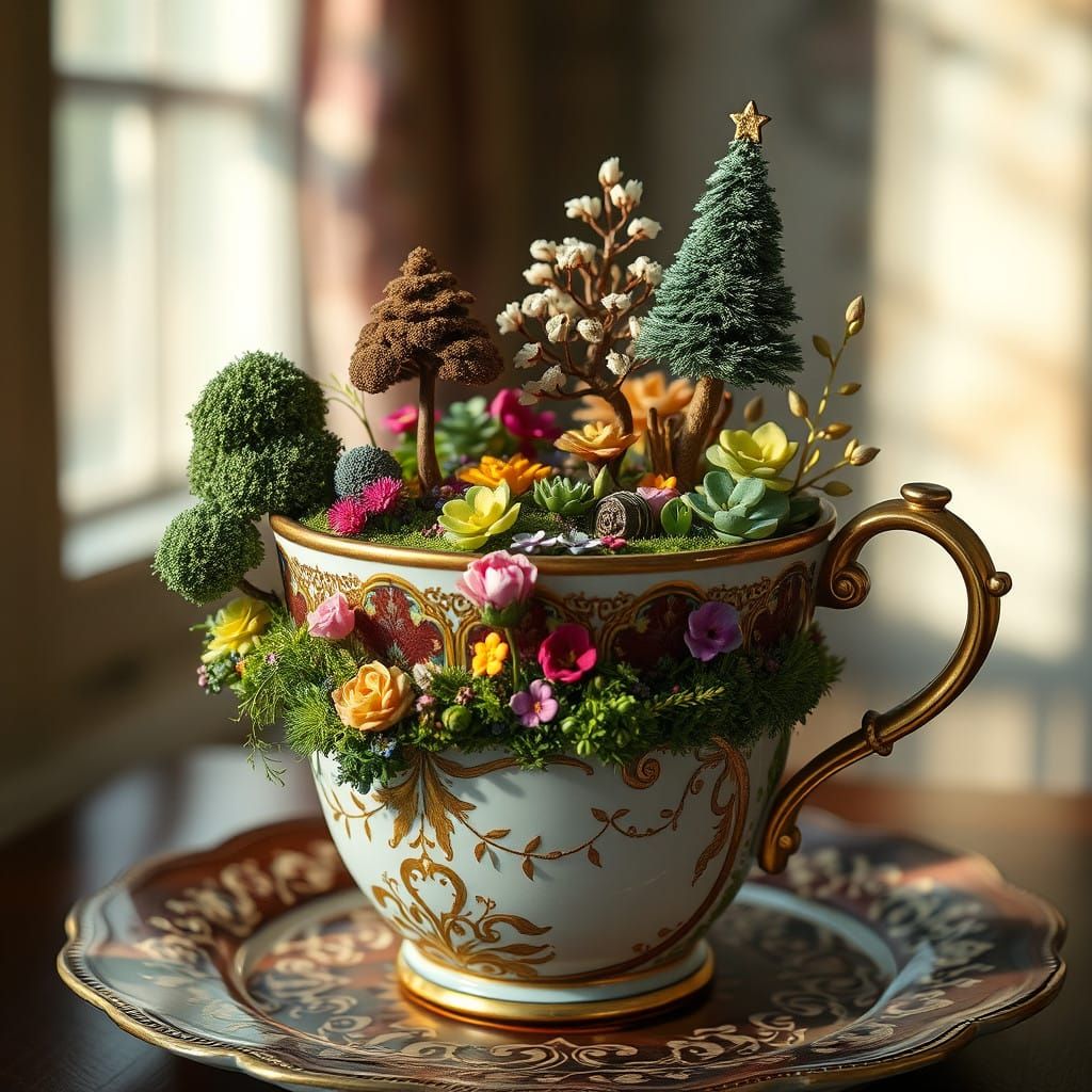 Whimsical Garden in an Antique Coffee Cup
