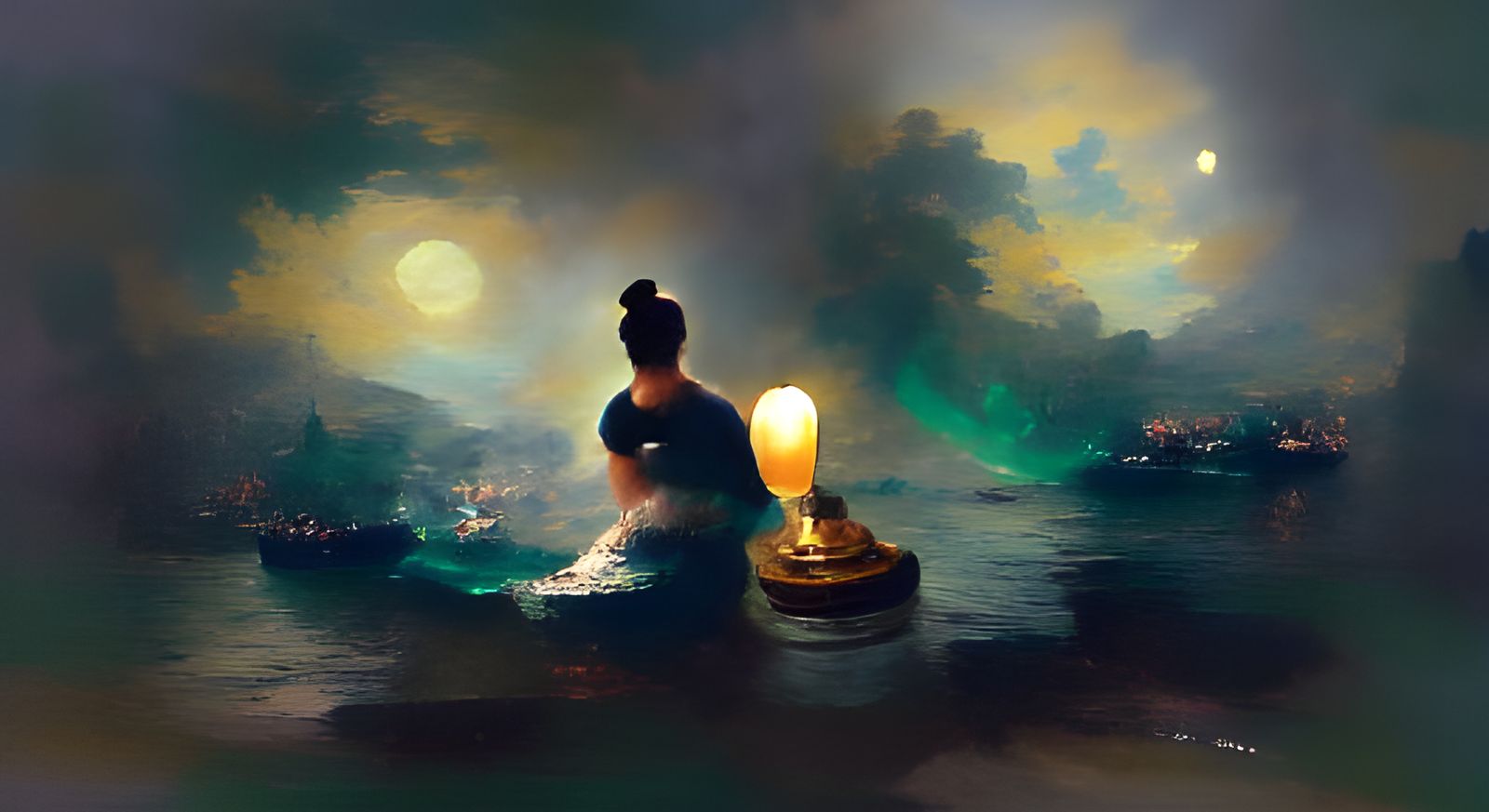 Angelic Figure in Moonlight: Maritime Painting