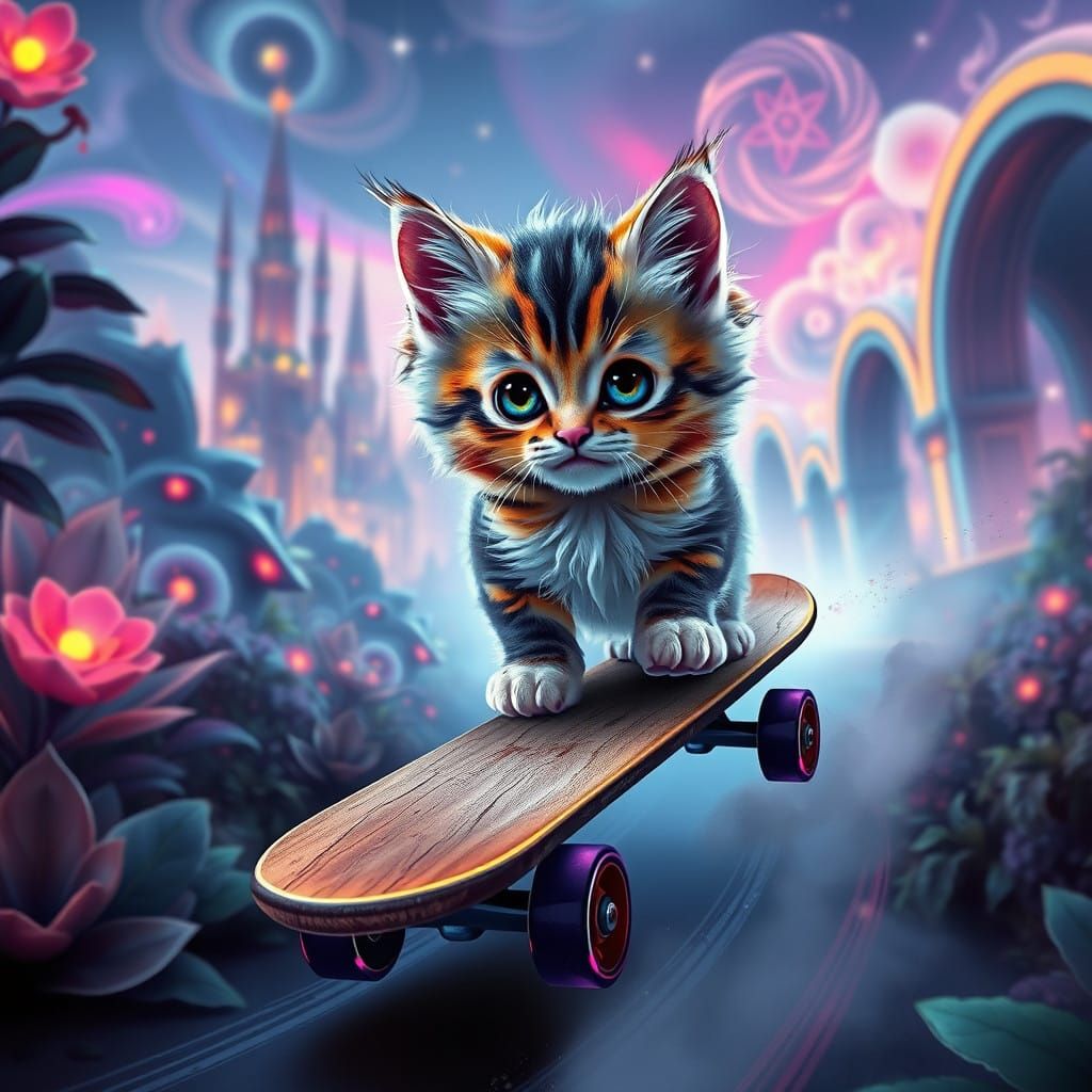 Dreamlike Whimsical Kitten Rides Skateboard Through Enchante...
