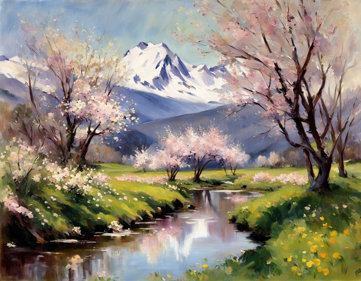 Spring Landscape in Impressionist Oil Painting Style