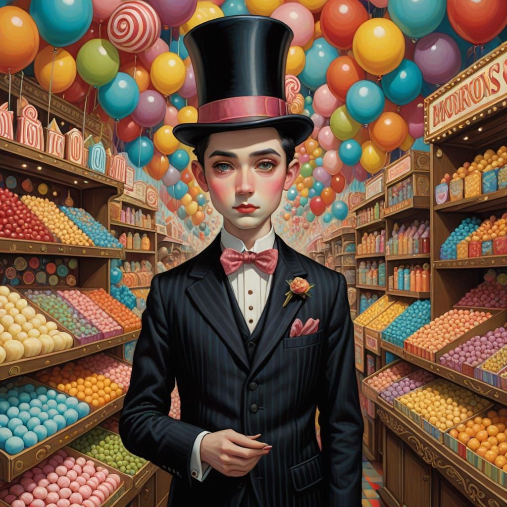 Whimsical Carnival Vendor in Vibrant Stripes