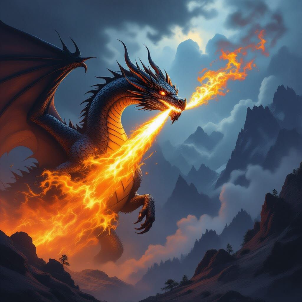 Majestic Obsidian Dragon Breathes Fire in Fantasy Art Style