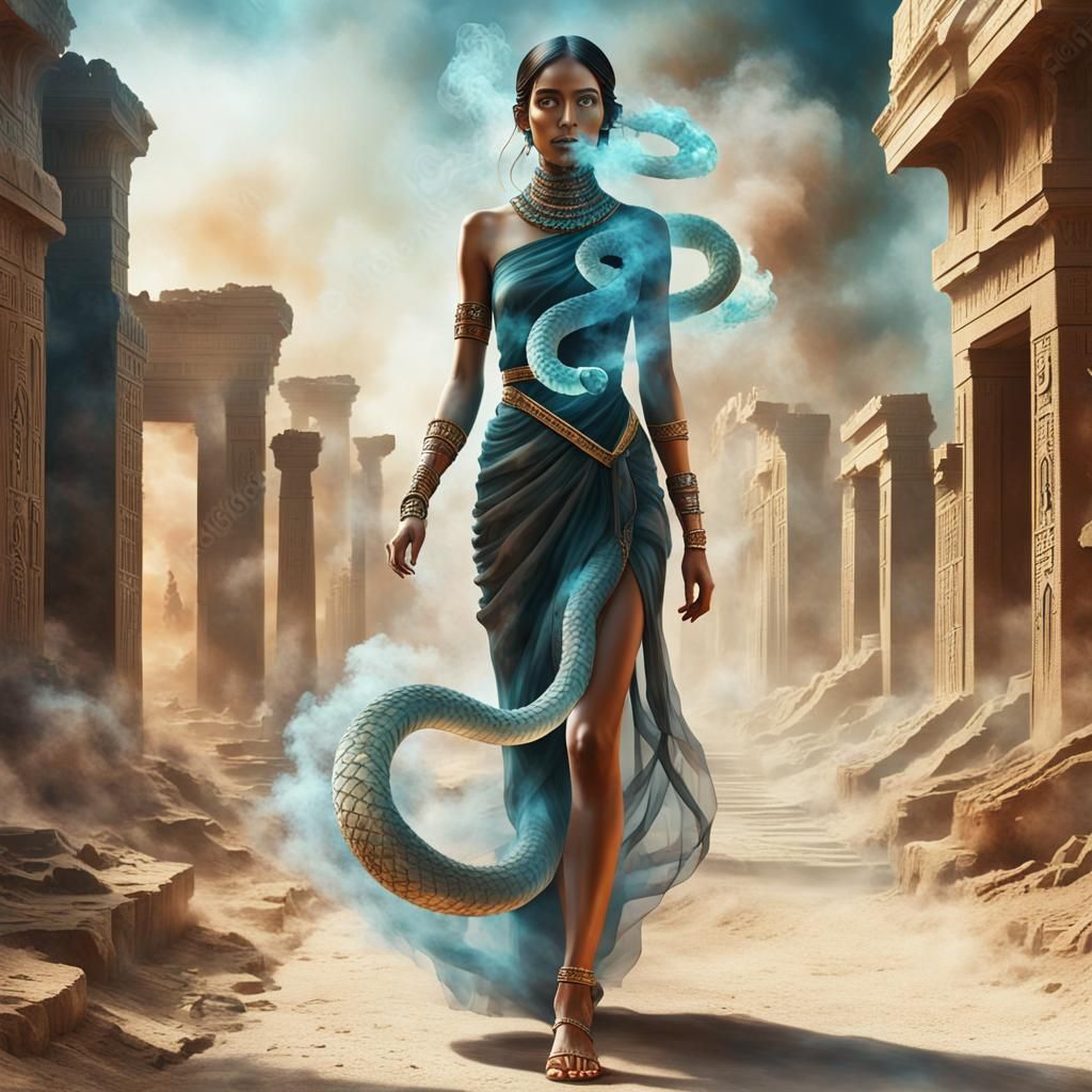 Crystal Serpent and Smoky Woman in Egyptian Ruins
