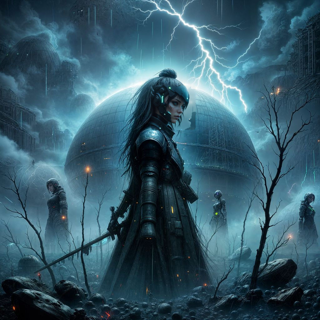 Futuristic Android in Ruined Dome, Sci-Fi Anime Style