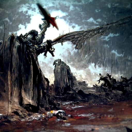Fallen Angel with Sword Ascending from Battlefield