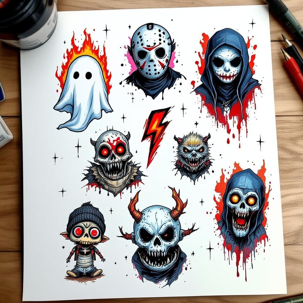 Friday the 13th Flash Tattoo Sheet in Hyperrealistic Style