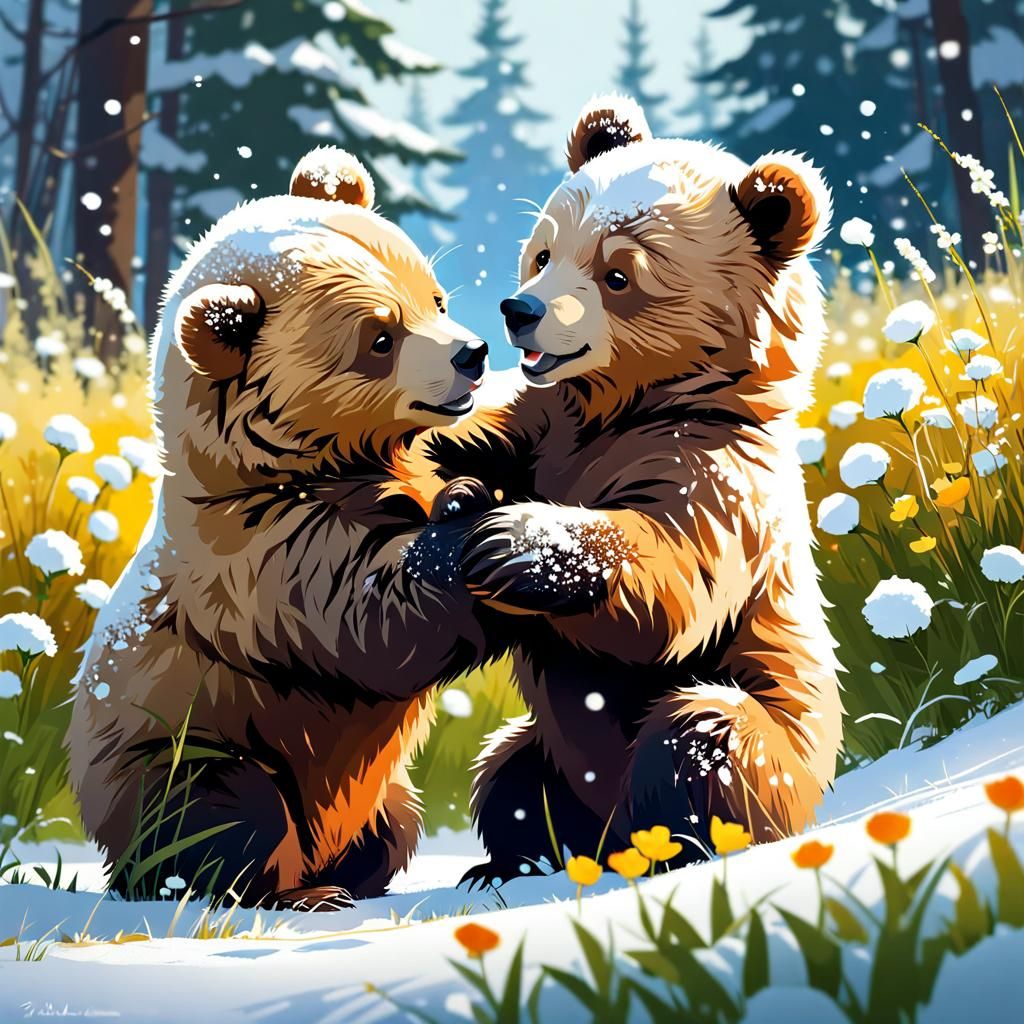 Bear Cubs Wrestling: Detailed Digital Illustration