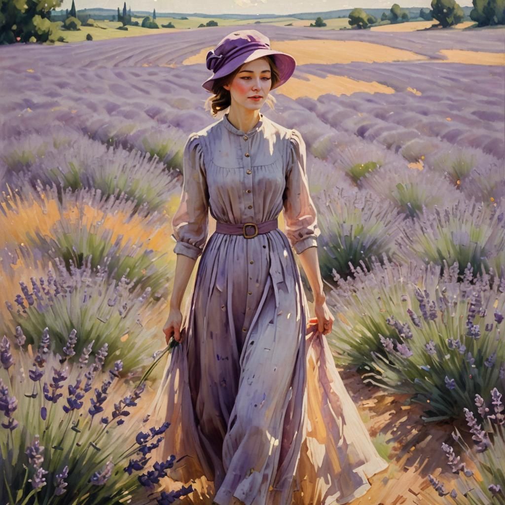 Woman in Lavender Field: Impressionist Painting