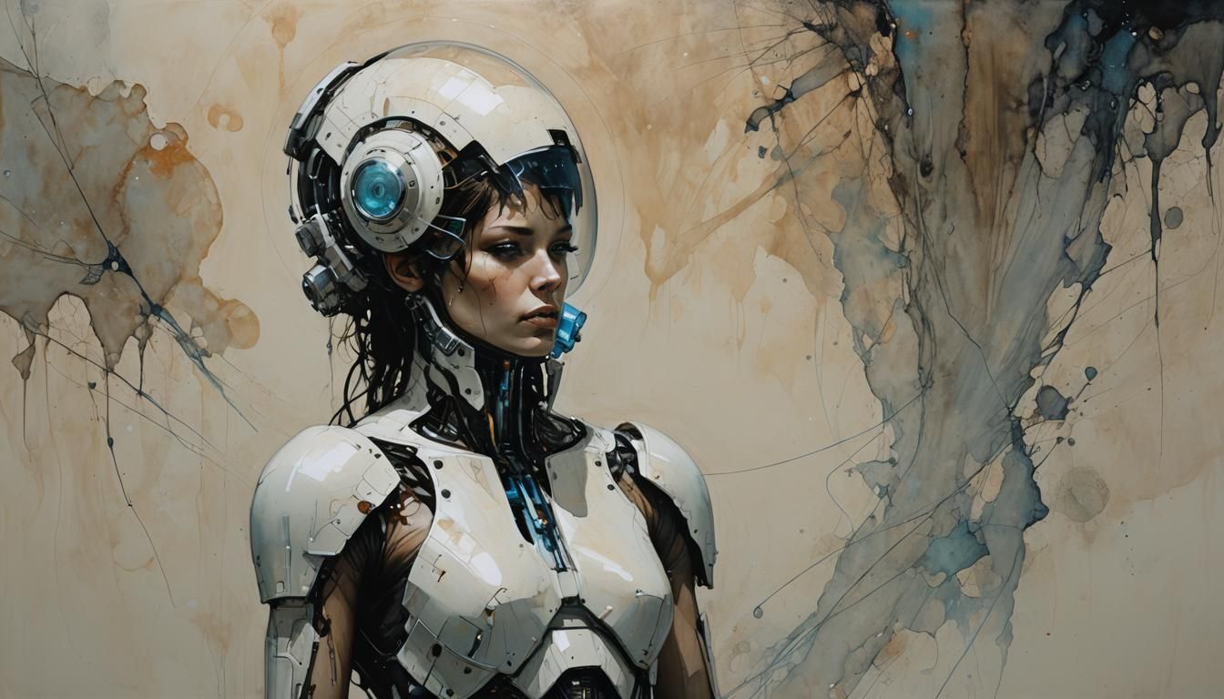 Futuristic Cyborg on a Planet in Alcohol Ink Style