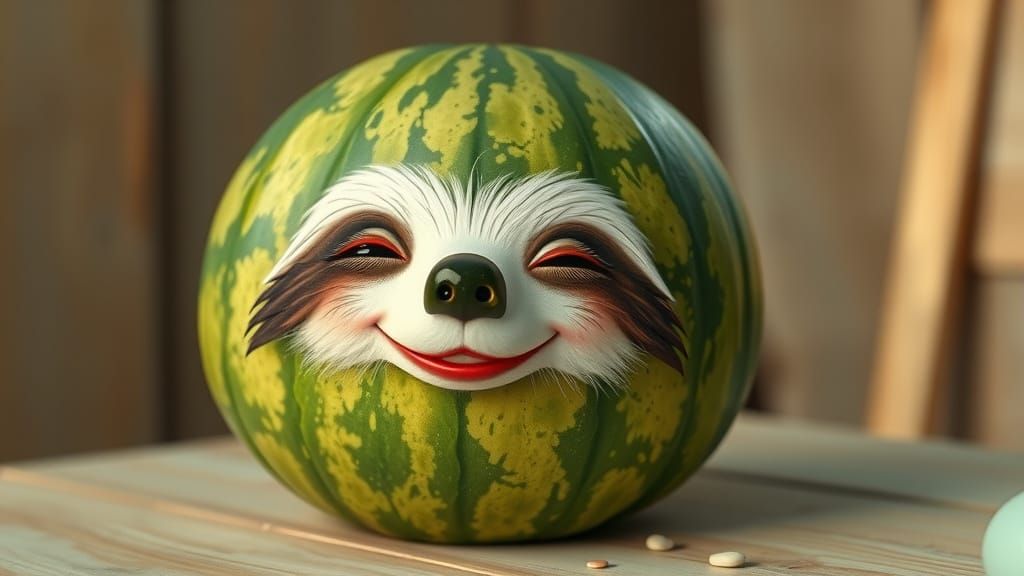 Surreal Watermelon Sloth Portrait in Dreamy, Hyper-Realistic...