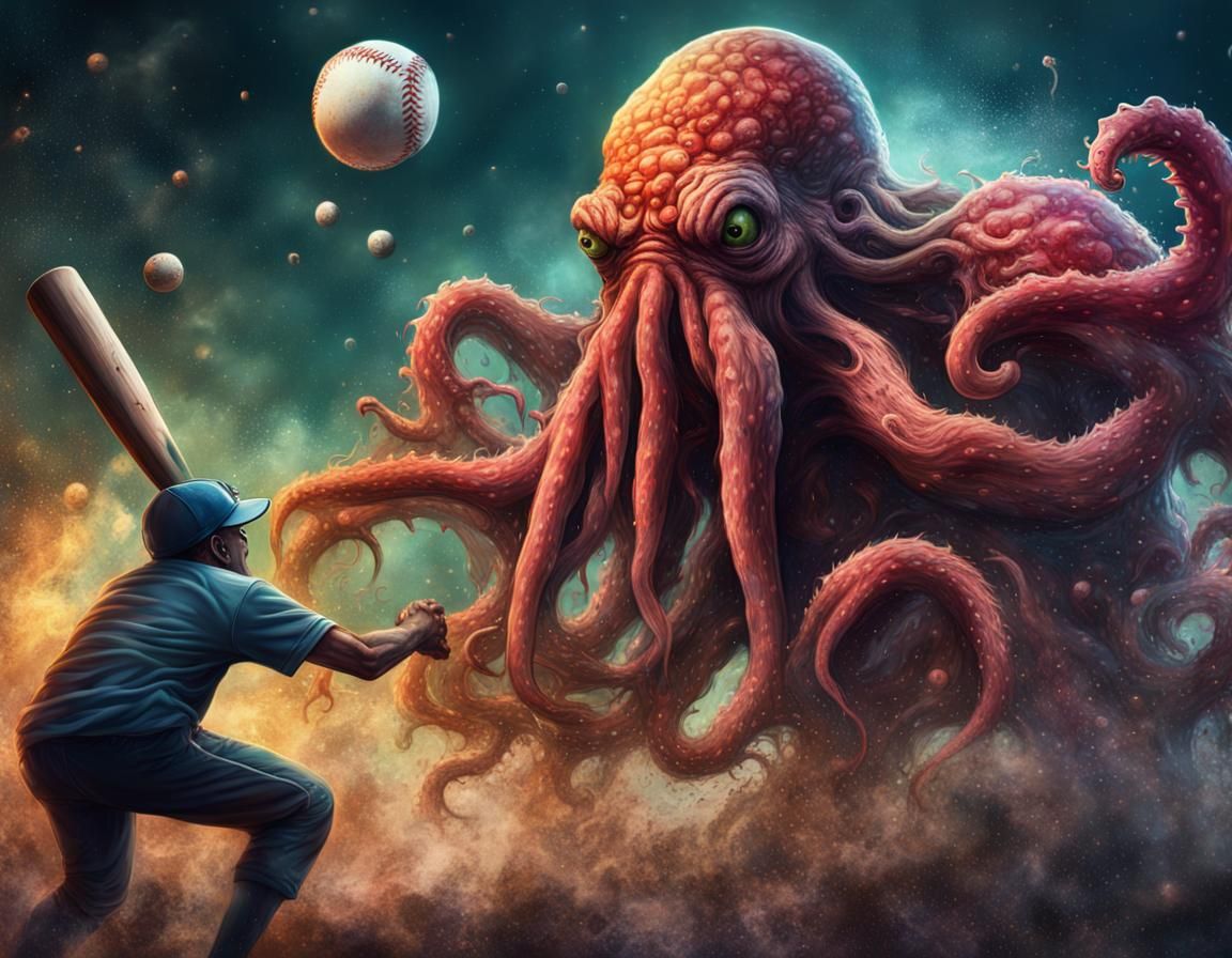 Cthulhu Monsters Play Baseball in Space: Digital Art