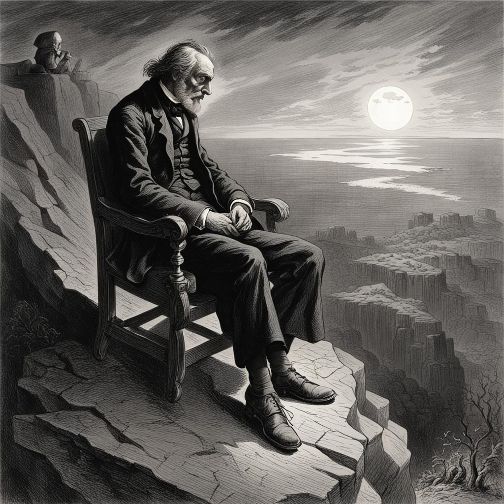 Depressed Man on Cliff Edge in Doré Style