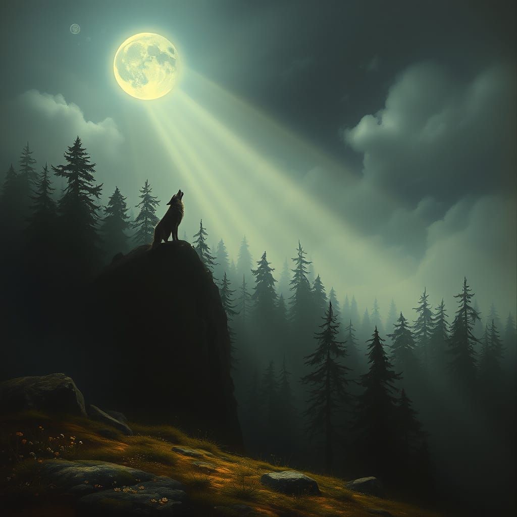 Lone Wolf Howls at Moonlit Forest as Oil Painting