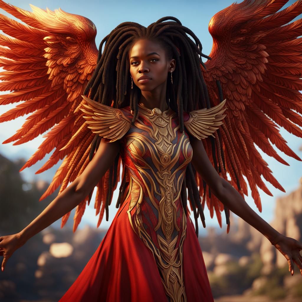 Teenage Girl with Phoenix Wings in Detailed Digital Art