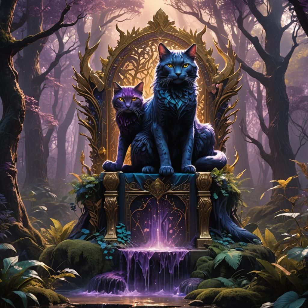 Fantastical Feline on Throne in Ethereal Forest