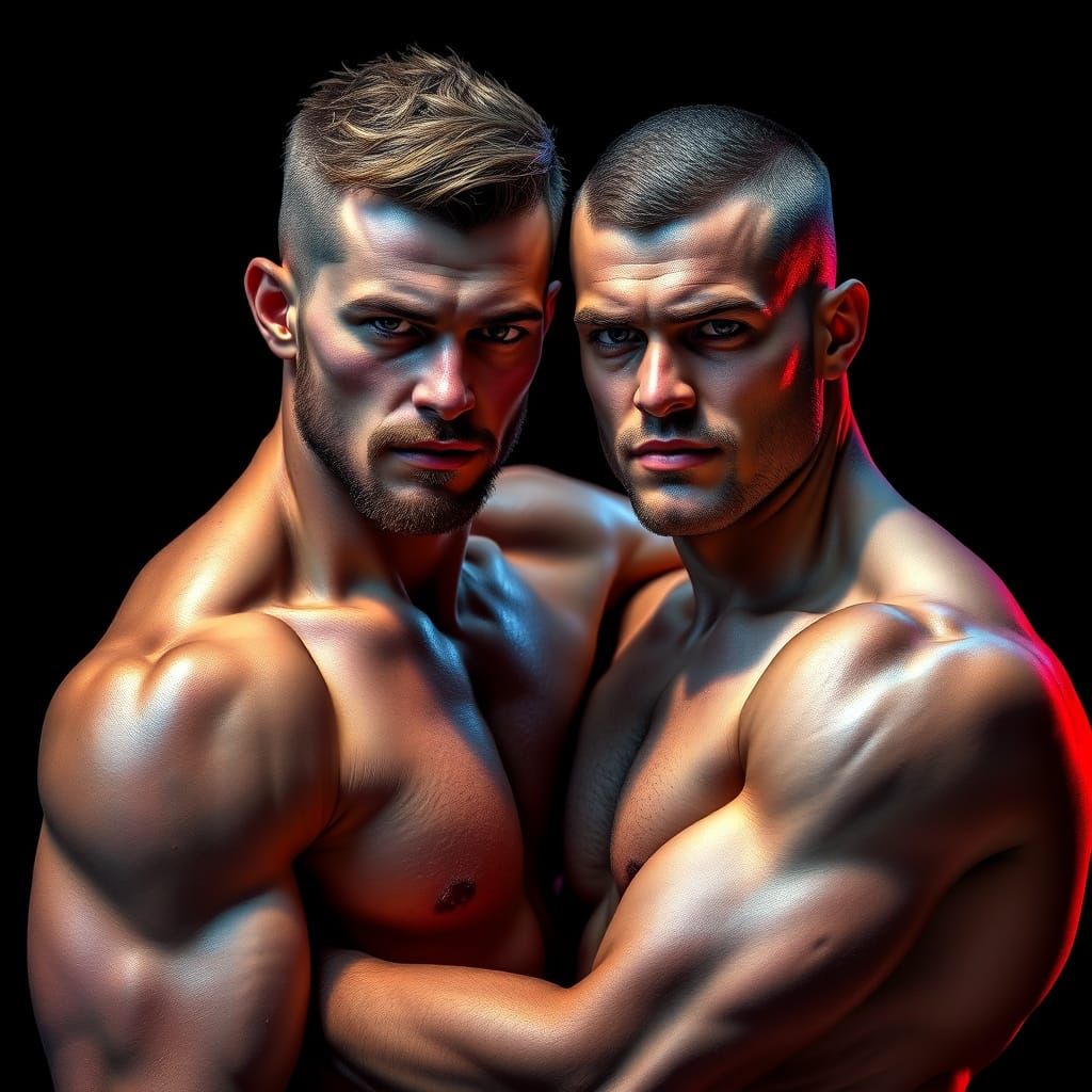 Intimate Portrait of Two Shirtless Men in Dramatic Flair