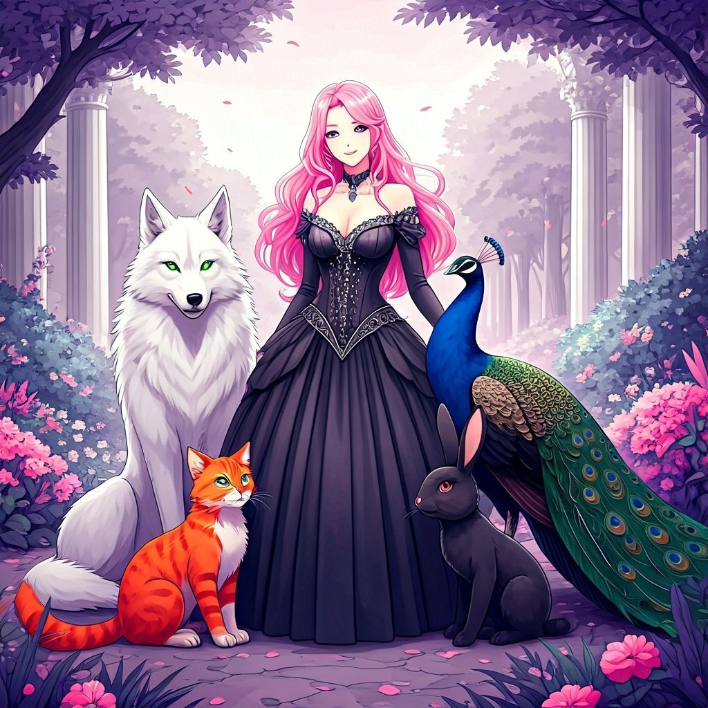 Gothic Woman With Animals in Garden Alcohol Line Art