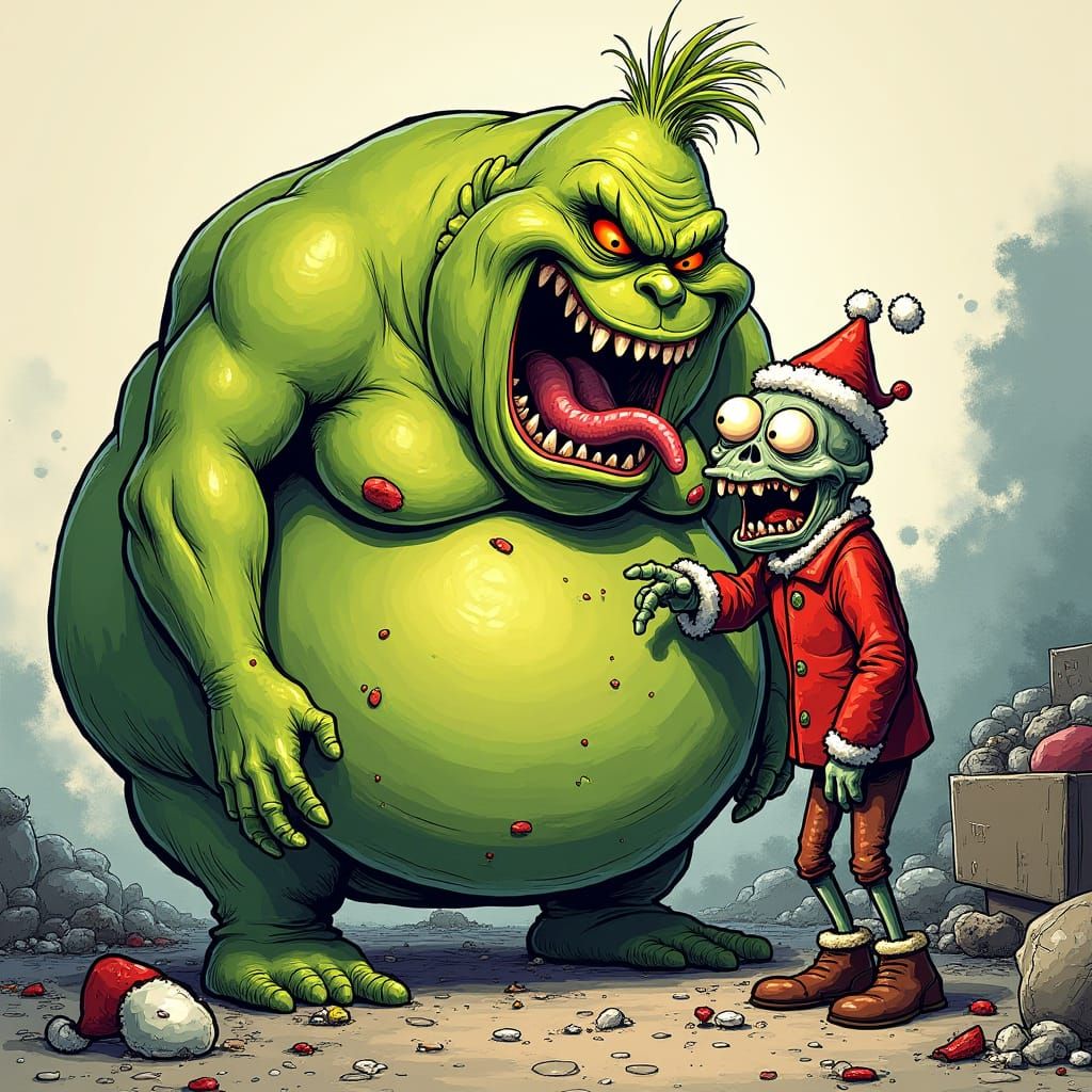 Obese Grinch Devouring Zombie in Comix Style
