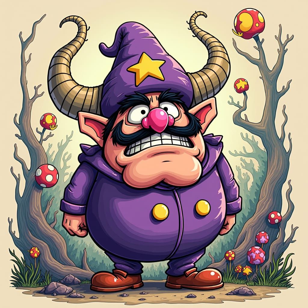Waluigi in Dreamlike Psychedelic Cartoon Landscape