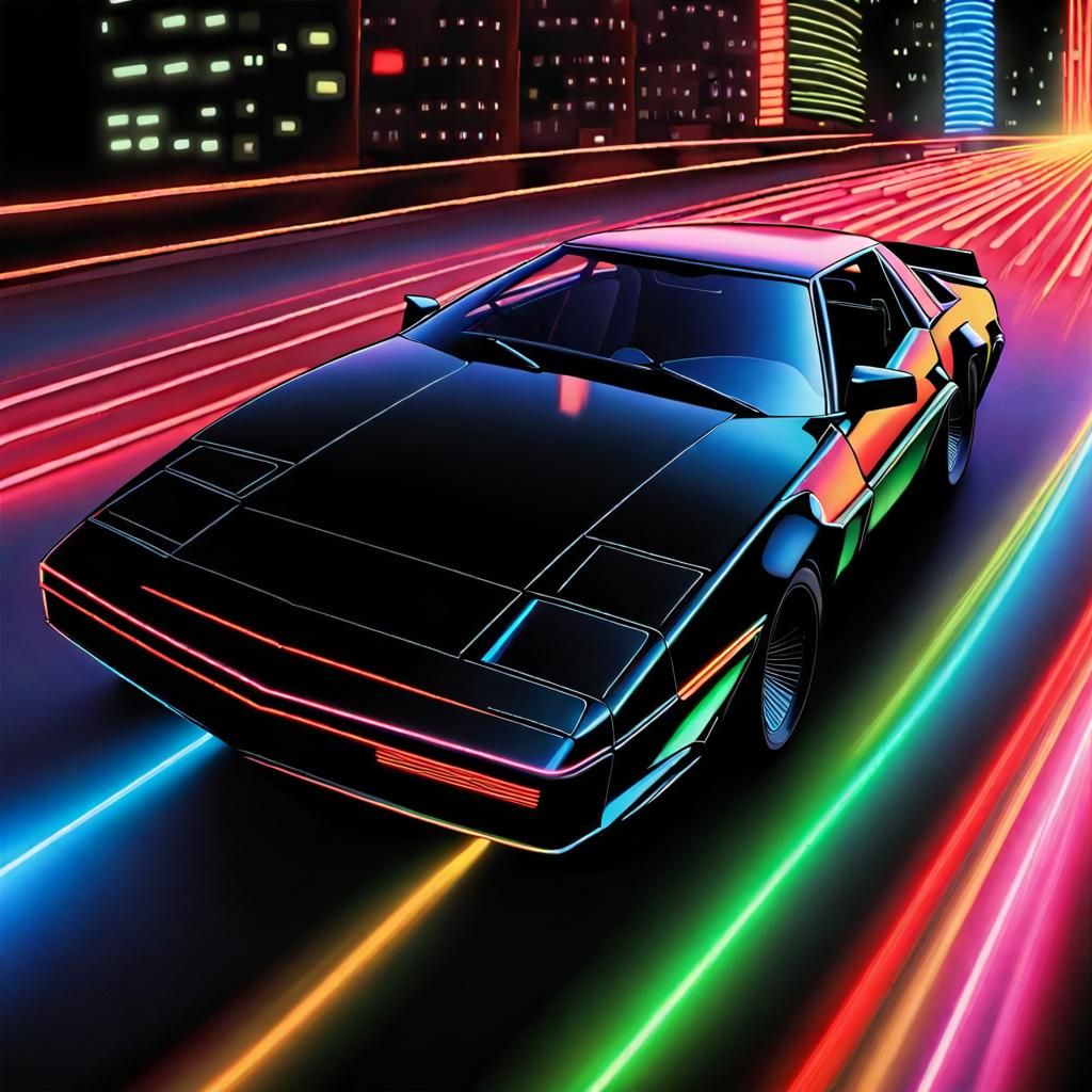 Futuristic Car with Rainbow Stream in Neon Style