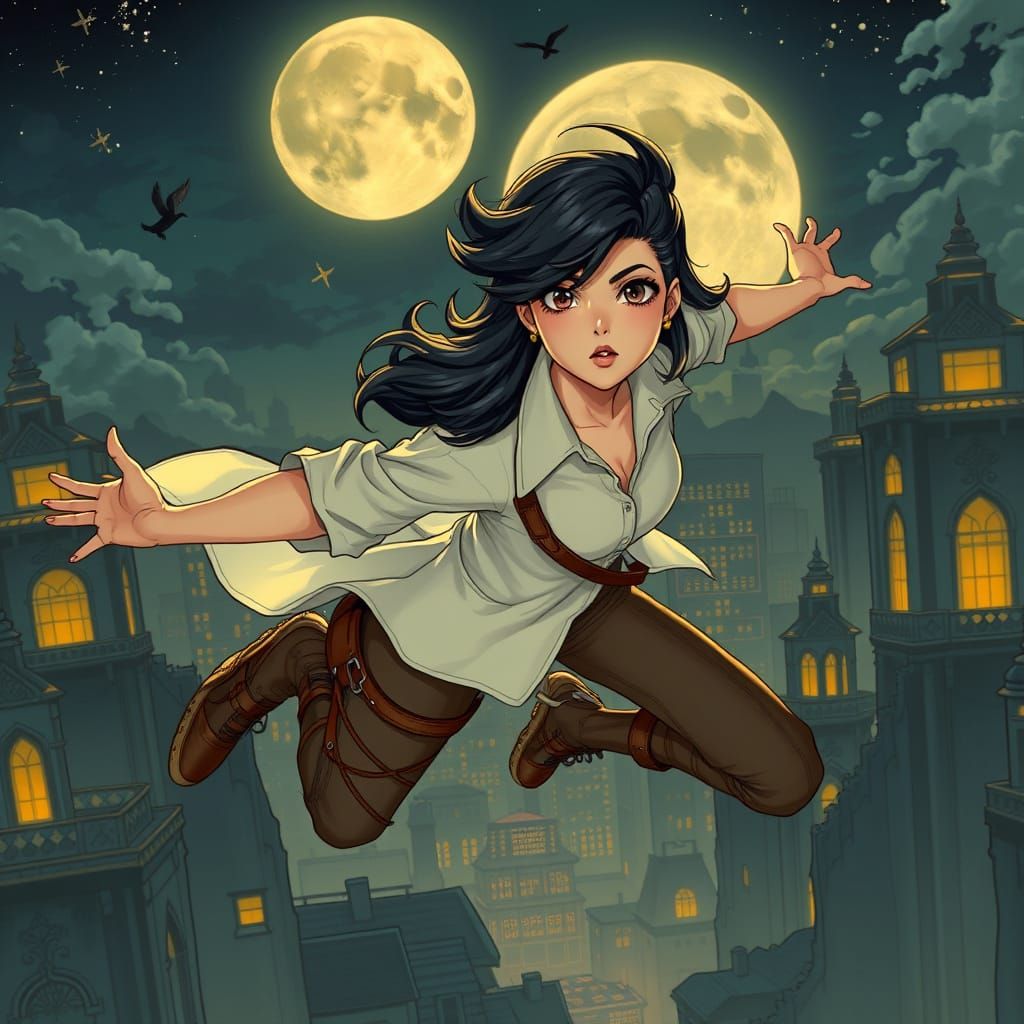 Chuchu Soaring Through Moonlit Cityscape in Art Nouveau Styl...