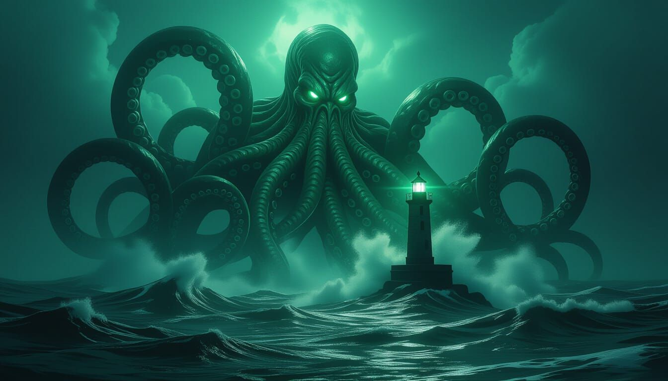 Cthulhu Emerges From Dark Ocean, Grasping Lighthouse