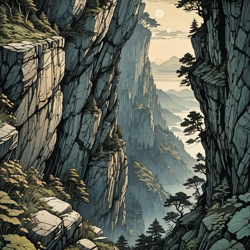 Cliff Edge at Dawn: Geometric Line Art Illustration