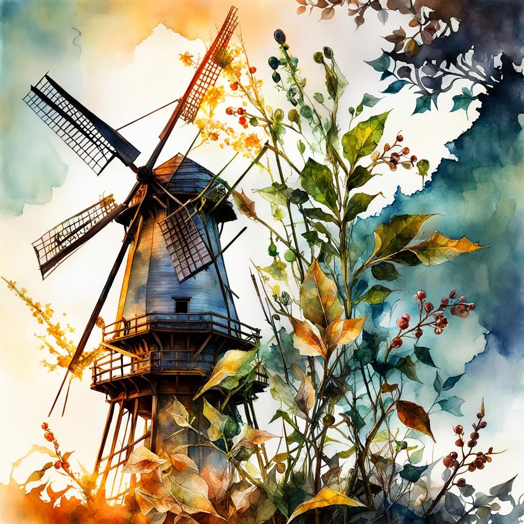 Watercolor Windmill with Pea Stems and Holly