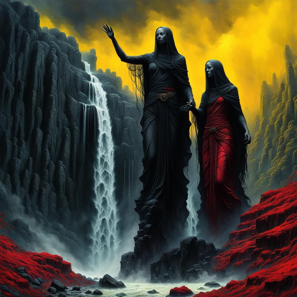 Dark Abyss: Two Spirits Dancing by a Waterfall