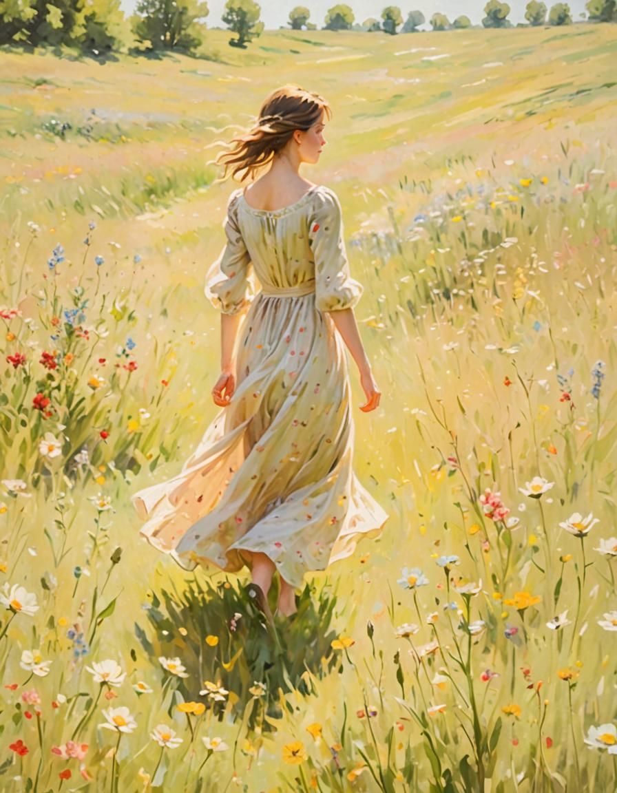Girl in Wildflower Meadow: Impressionist Oil Painting