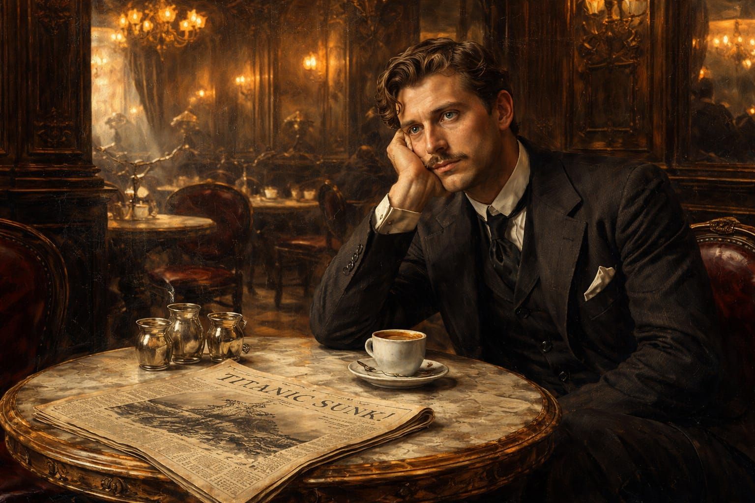 Man Lost in Thought in Early 1910s French Cafeteria