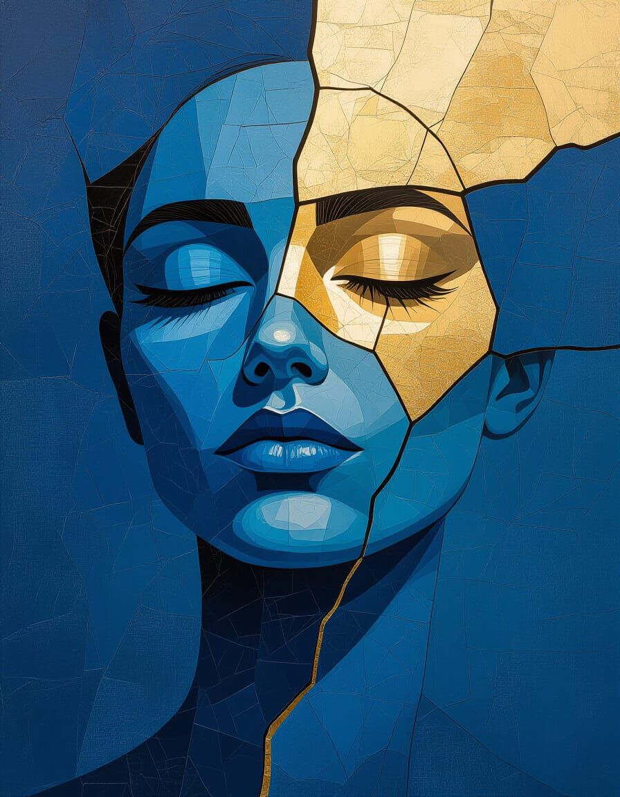 Kintsugi Portrait in Blue with Human Skin Texture