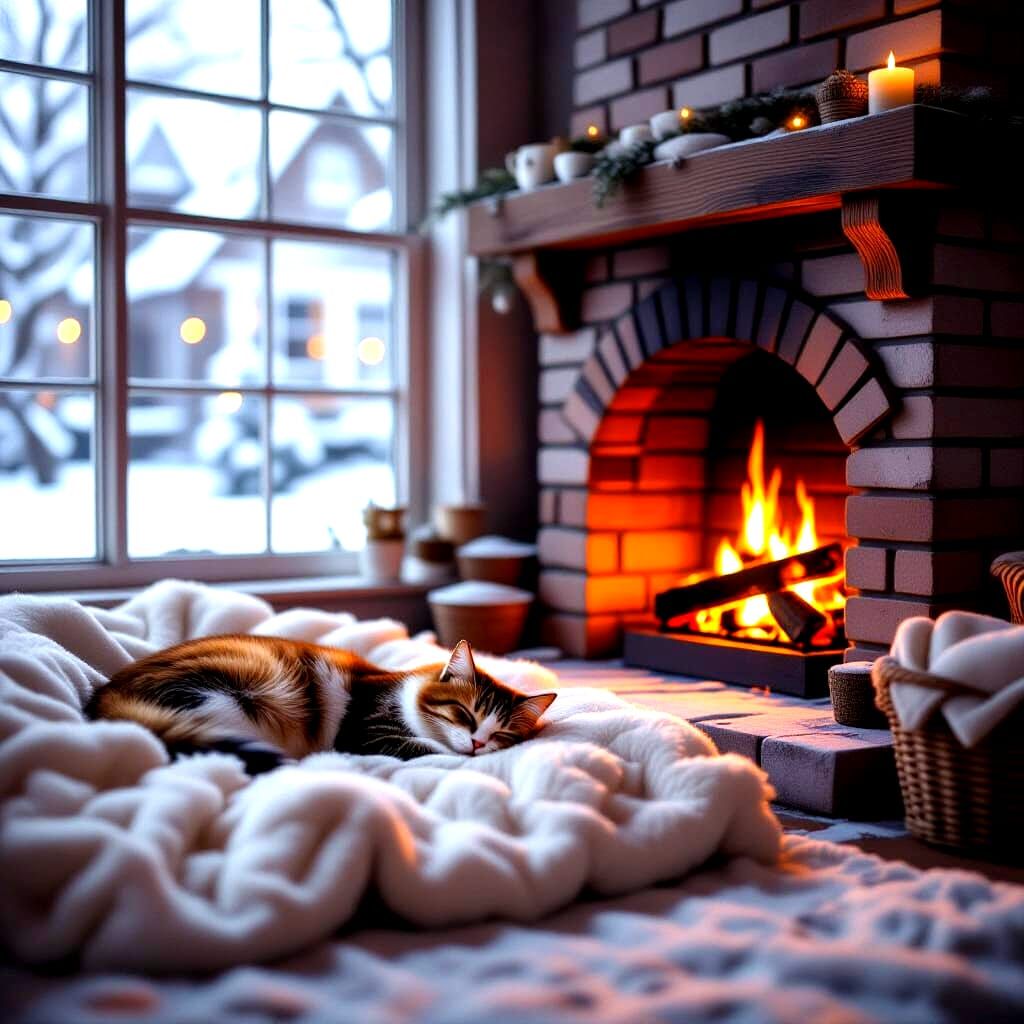 Cozy Room with Fireplace and Sleeping Cat, Photorealistic