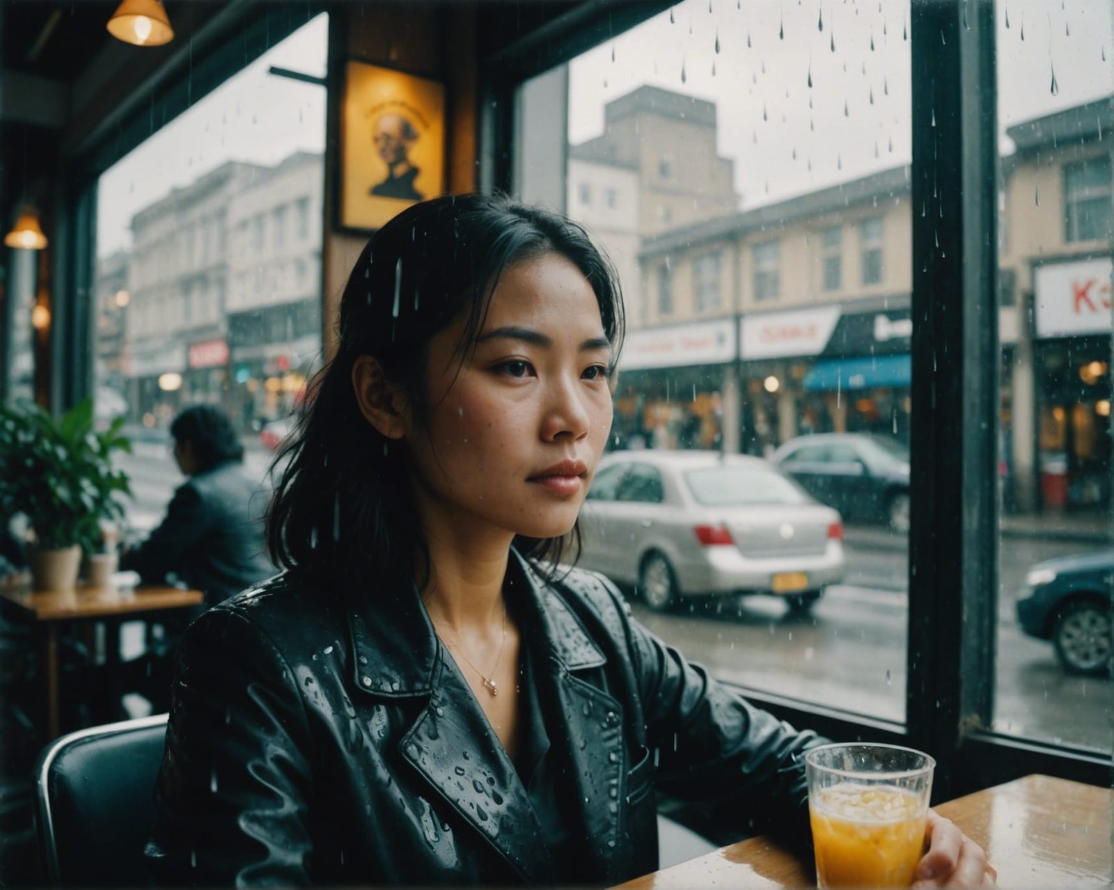 Nostalgic Cafe Scene: Asian Woman in Rainy Window