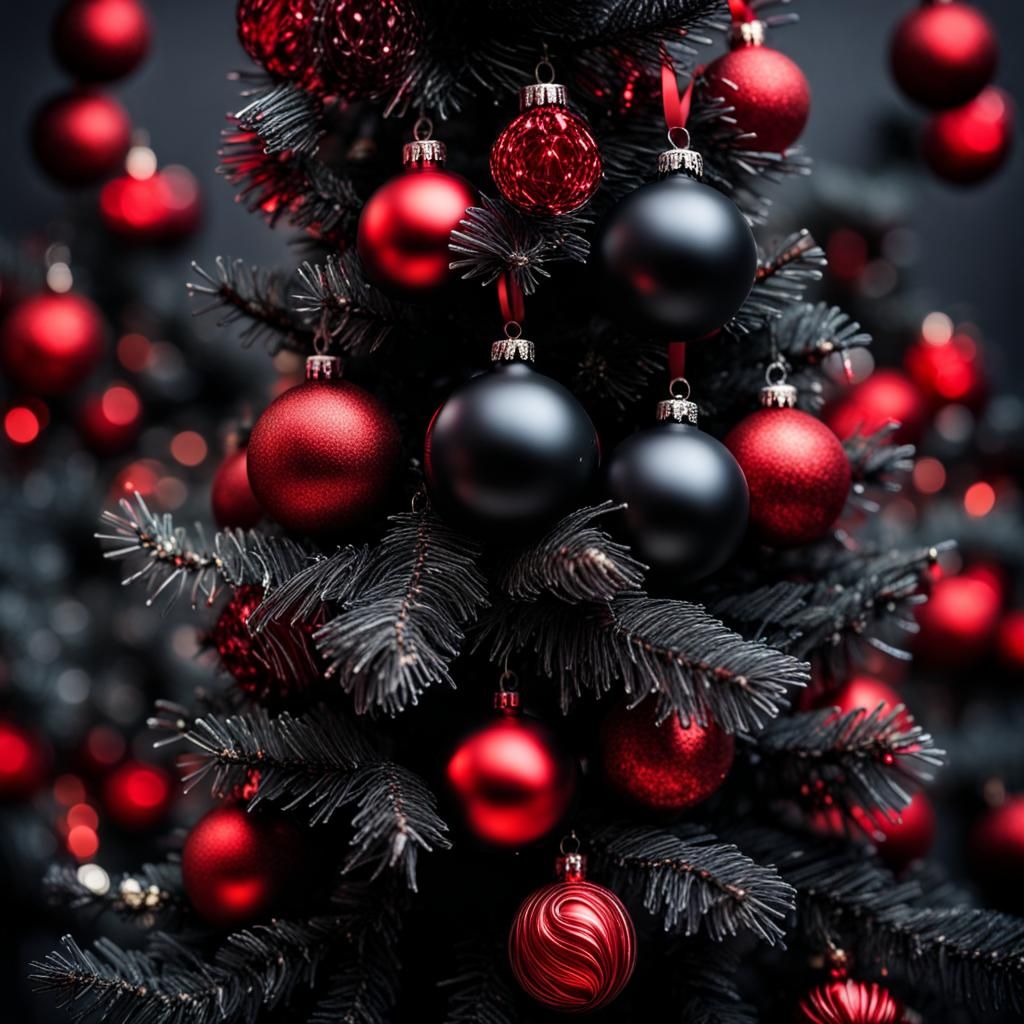 Hyperrealistic Black Christmas Tree with Red Ornaments