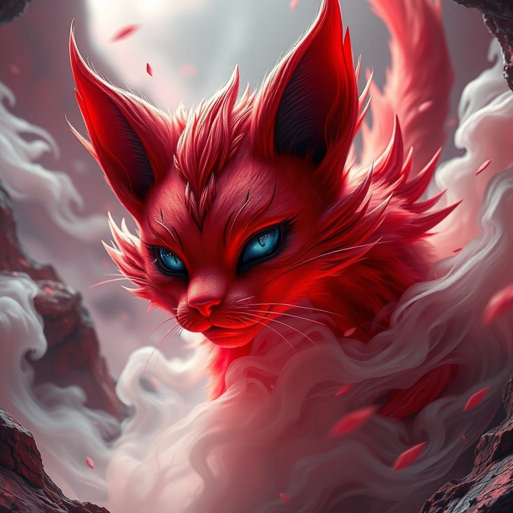 Anime Red Feline in Mystical Landscape