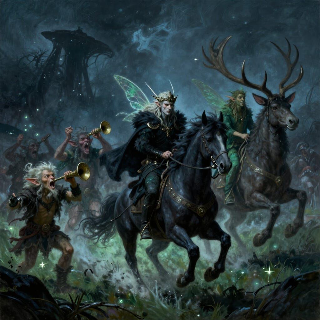 Wild Hunt Gallops Through Stormy Night Sky