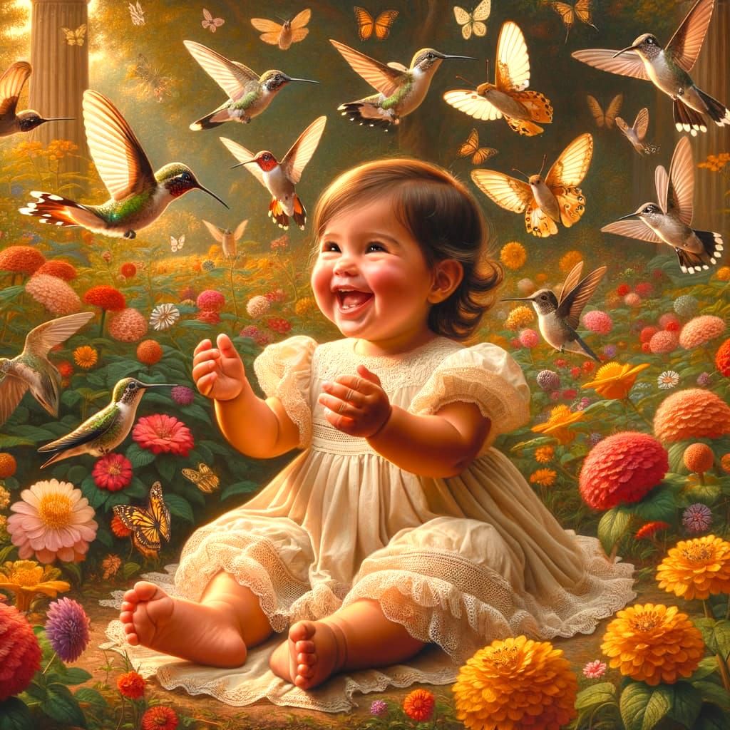 Toddler in Flower Garden: Pre-1912 Painting Style