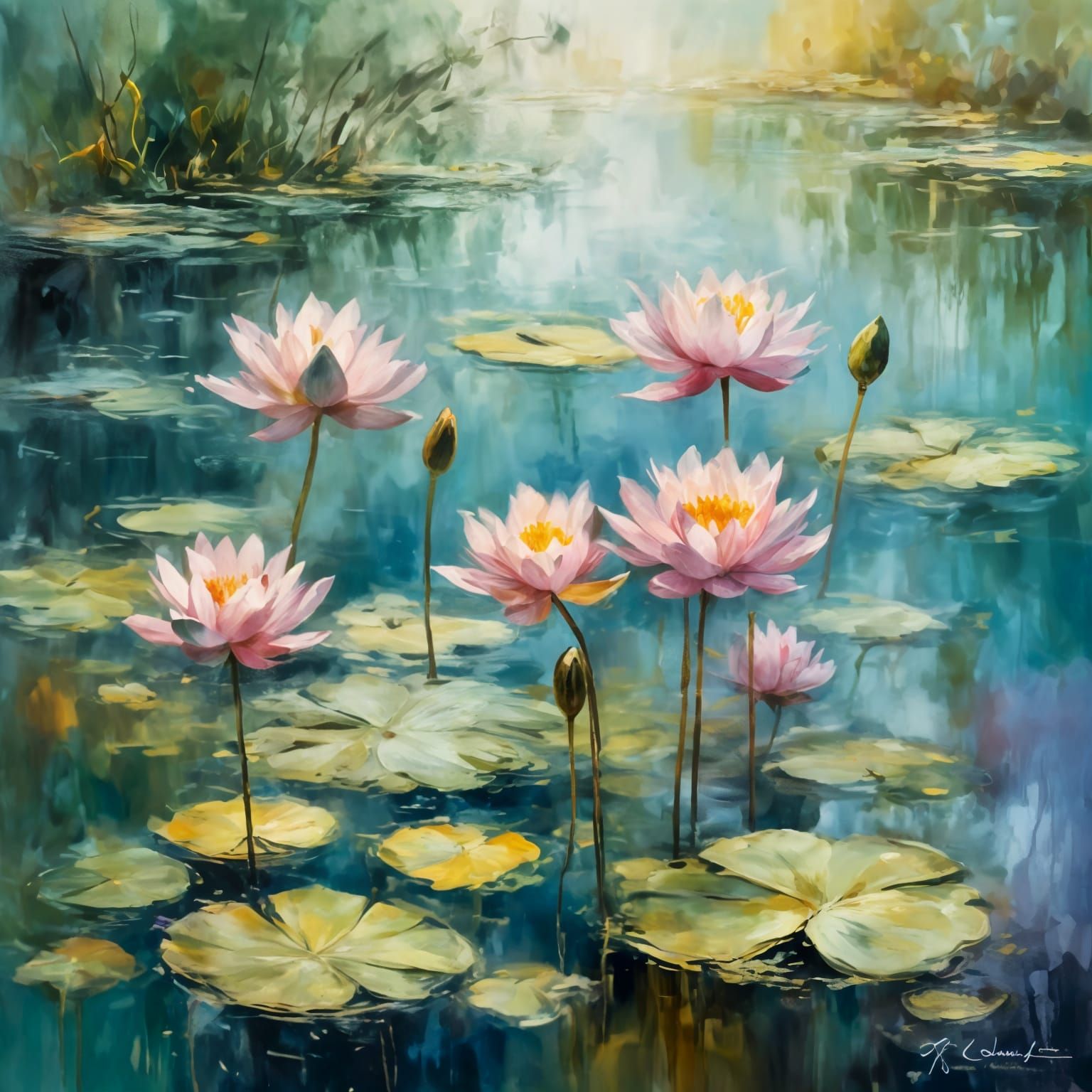 <lora:Moods of smoke:1.0> un bassin avec des nénuphars Claud...