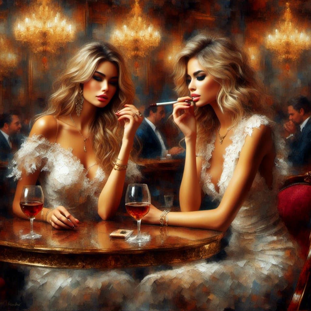 Elegant Women Enjoying Cigars as Oil Painting